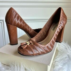 Via Spiga Brown Woven Leather Tassel Heels - Size: 8